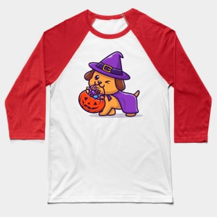 Cute Wizard Dog Bring Pumpkin Halloween Cartoon Baseball T-Shirt